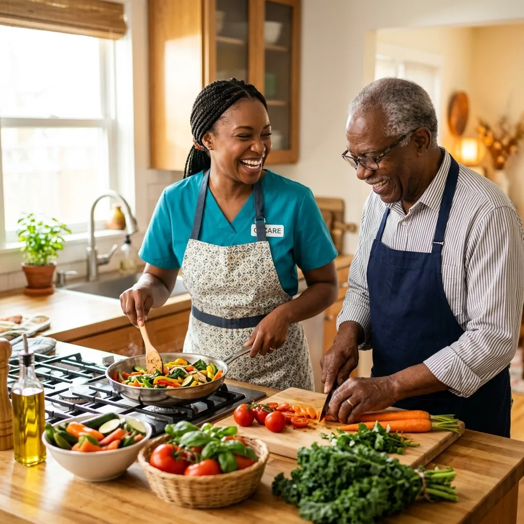 Caregiver cooking a healthy meal with a smiling senior man in his kitchen