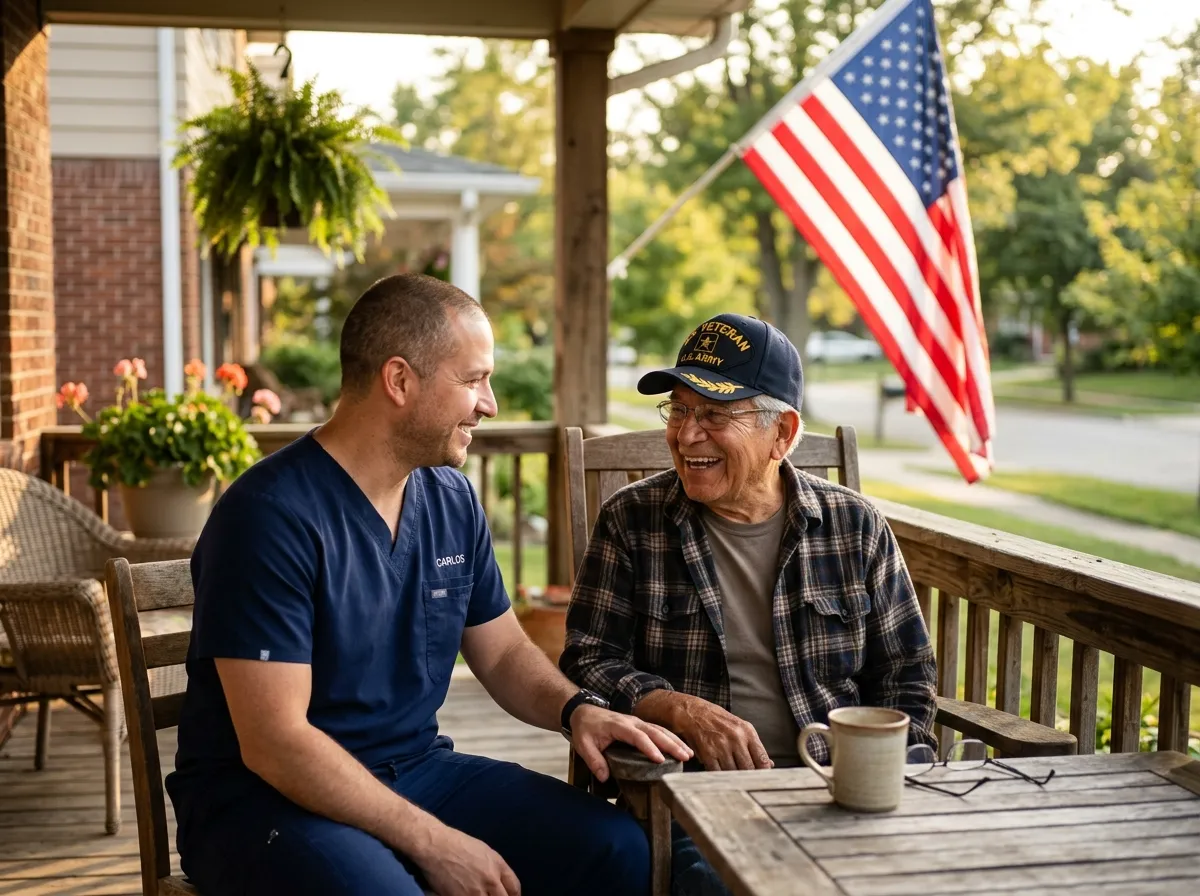 Veteran on a porch smiling with his caregiver in scrubs