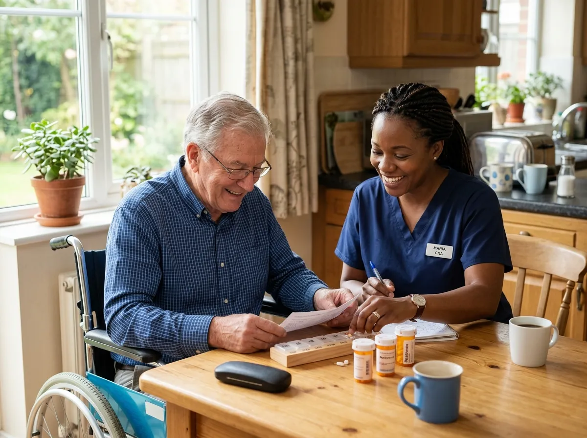 Caregiver in scrubs helping a man in a wheelchair sort his medication and mail at the kitchen table