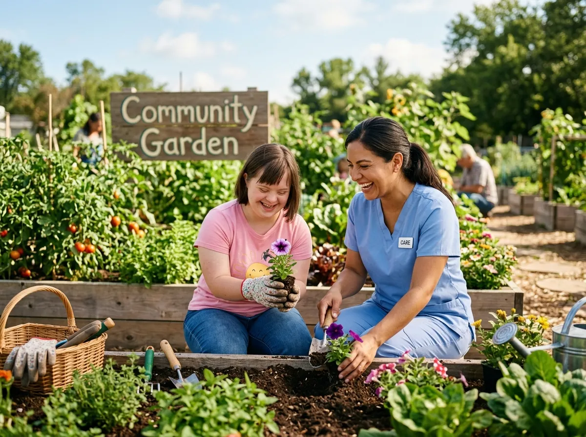 Support worker and a young woman planting together in a community garden
