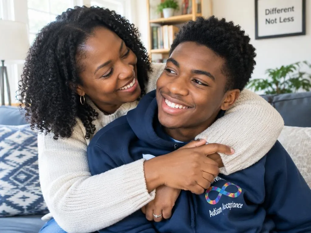 Mother hugging her smiling teenage son, who wears an autism acceptance hoodie