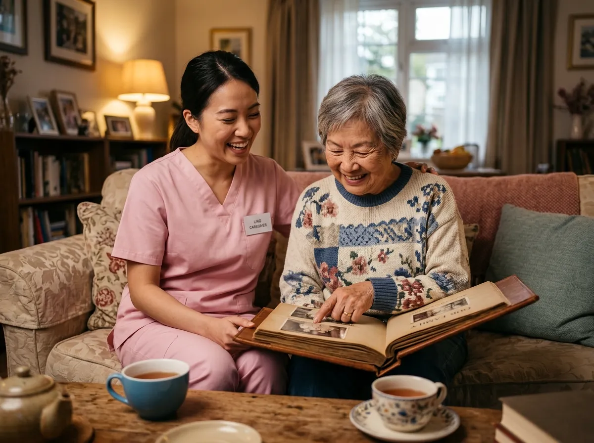 Caregiver in scrubs and an older woman laughing together over a photo album and tea